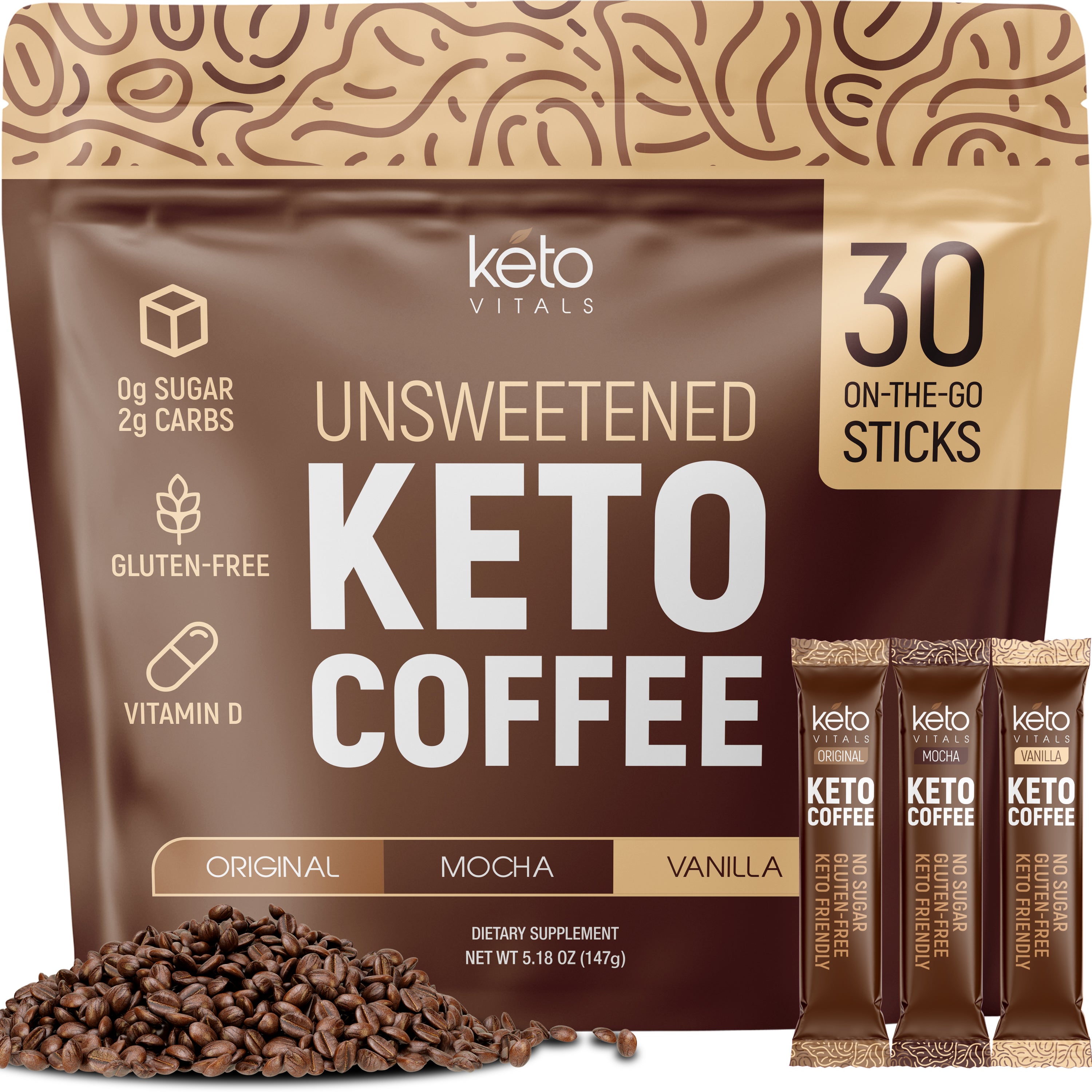 Keto Coffee Stick Packs - Unsweetened Assorted Flavors, 30 Count