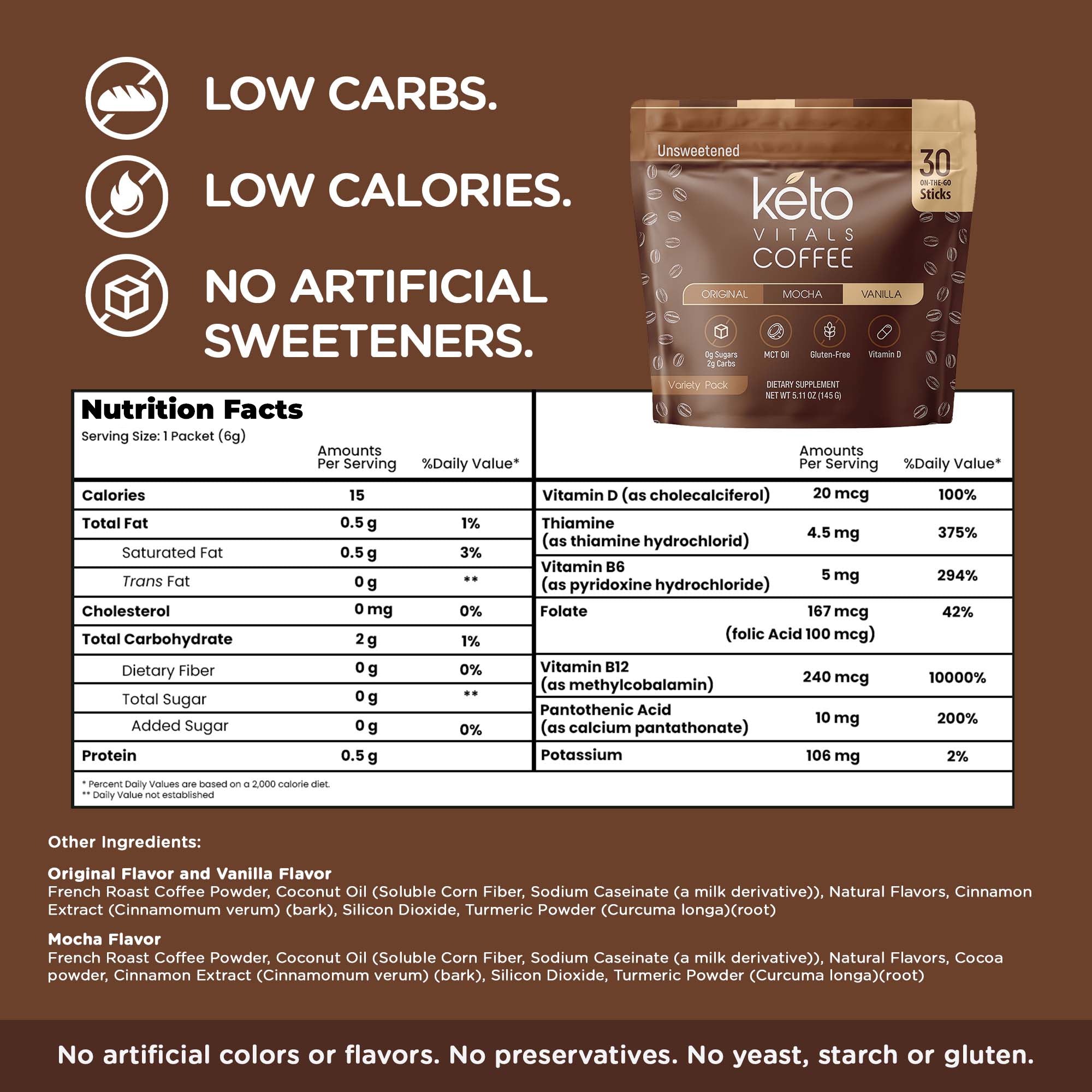 Keto Coffee Stick Packs - Unsweetened Assorted Flavors, 30 Count