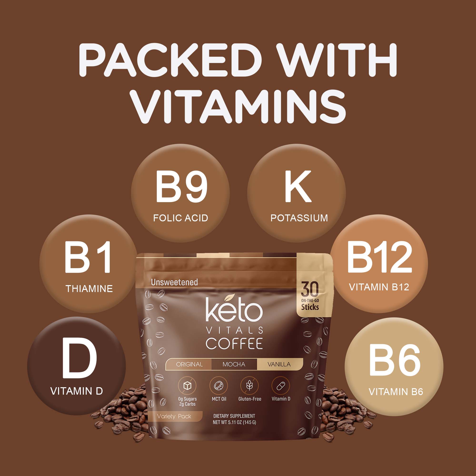 Keto Coffee Stick Packs - Unsweetened Assorted Flavors, 30 Count