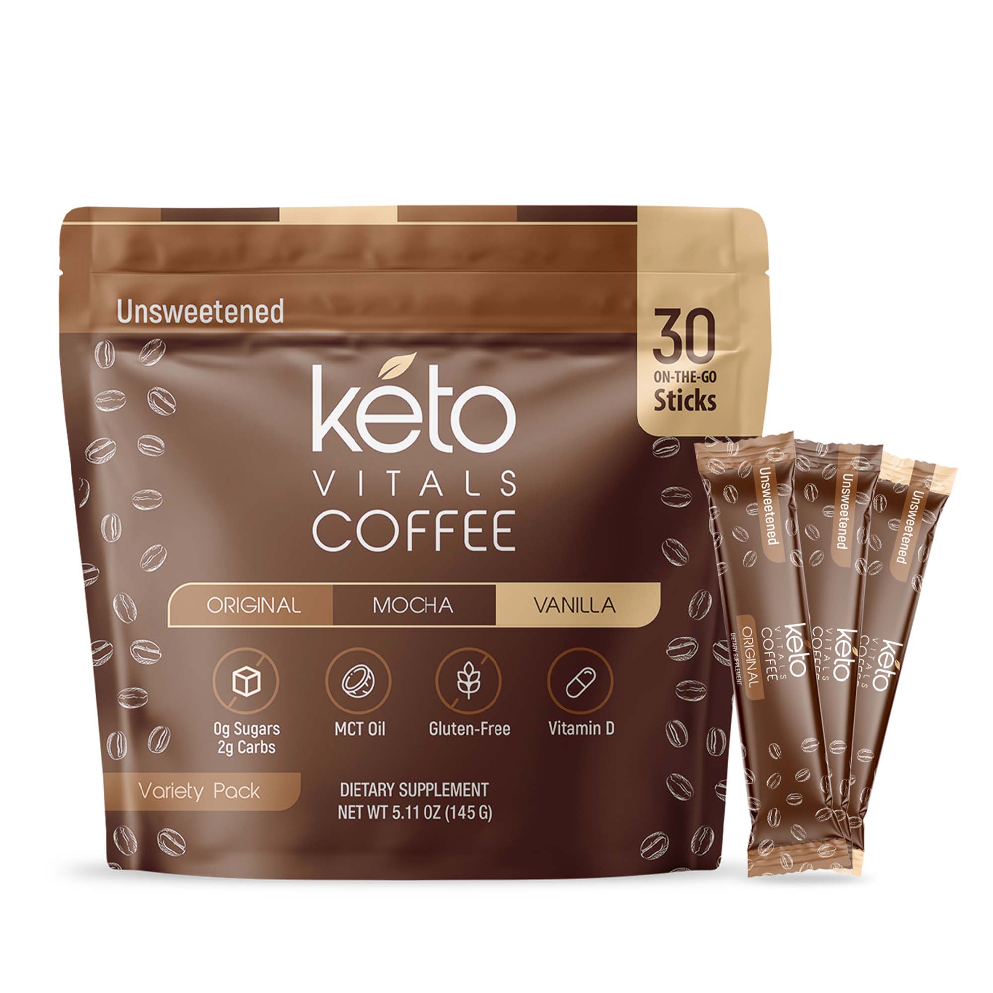 Keto Coffee Stick Packs - Unsweetened Assorted Flavors, 30 Count
