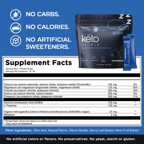 Keto Vitals Sleep Drink Electrolyte Sleep Powder Packets - Fast-Acting Sleep Blend of Melatonin 3mg, GABA, L-Theanine, & Ashwagandha - Elderberry, 30 Count
