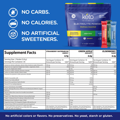 Keto Vitals Wellness Powder Stick Packs - Assorted - Sleep, Immunity, Energy - 30 Count